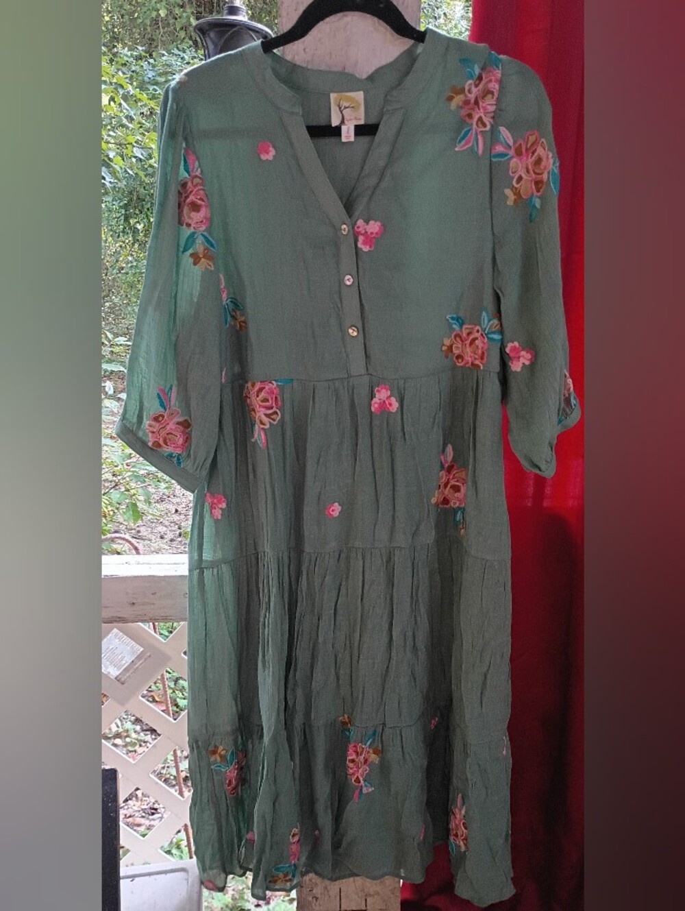 fig and flower Sage Green Embroidered Tiered Midi Dress